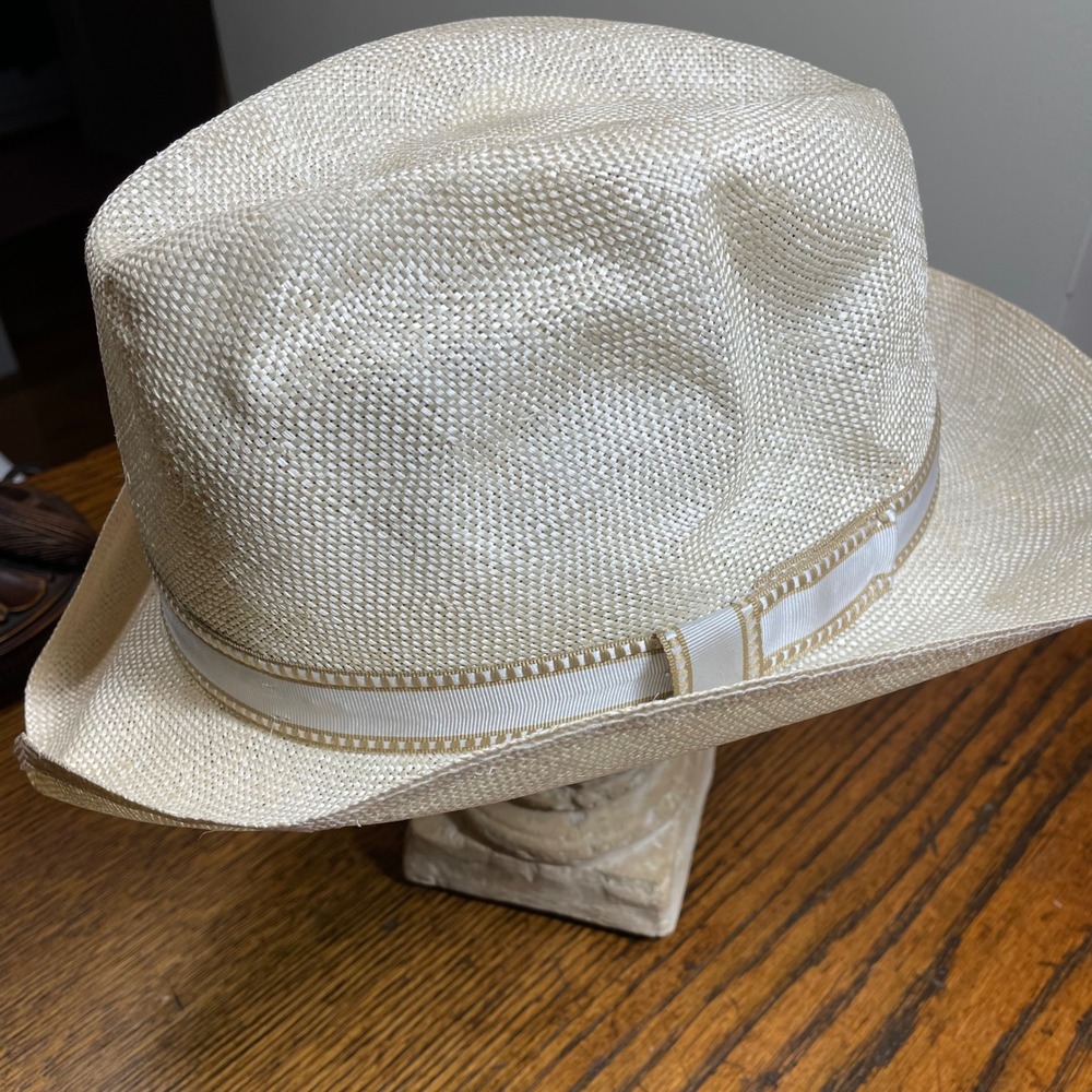 Stetson Straw Fedora Hat Cream Off White Woven Panama Style Size 7 5/8 61cm Luxe - Picture 5 of 15